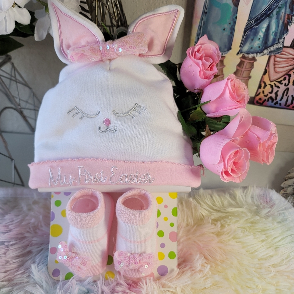 Little Me “My First Easter” Hat And Bootie Set 0-12 Mo. New With Tags Pink White - Picture 6 of 10